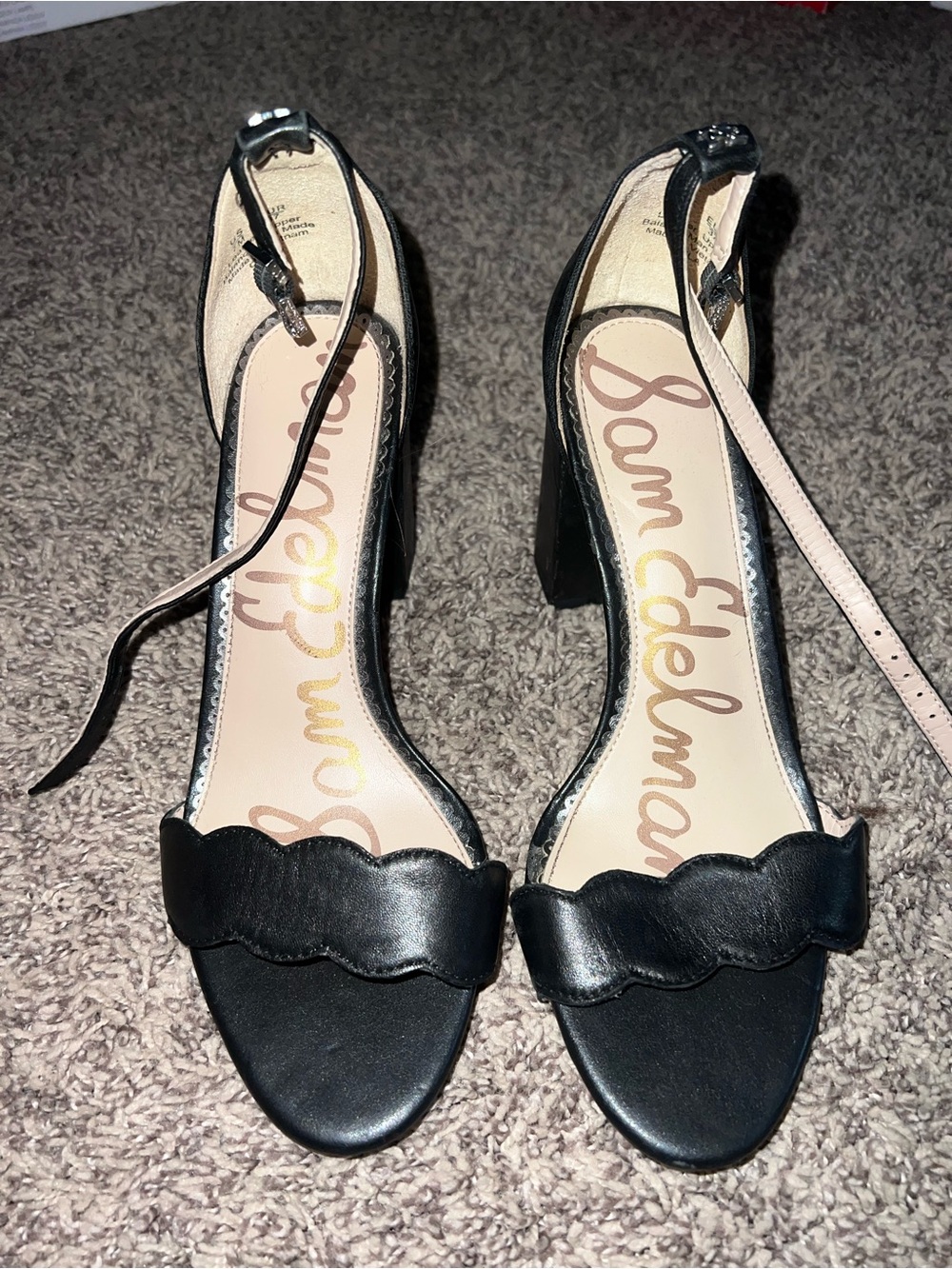 Sam Edelman Black Scalloped Ankle-Strap Block Heels